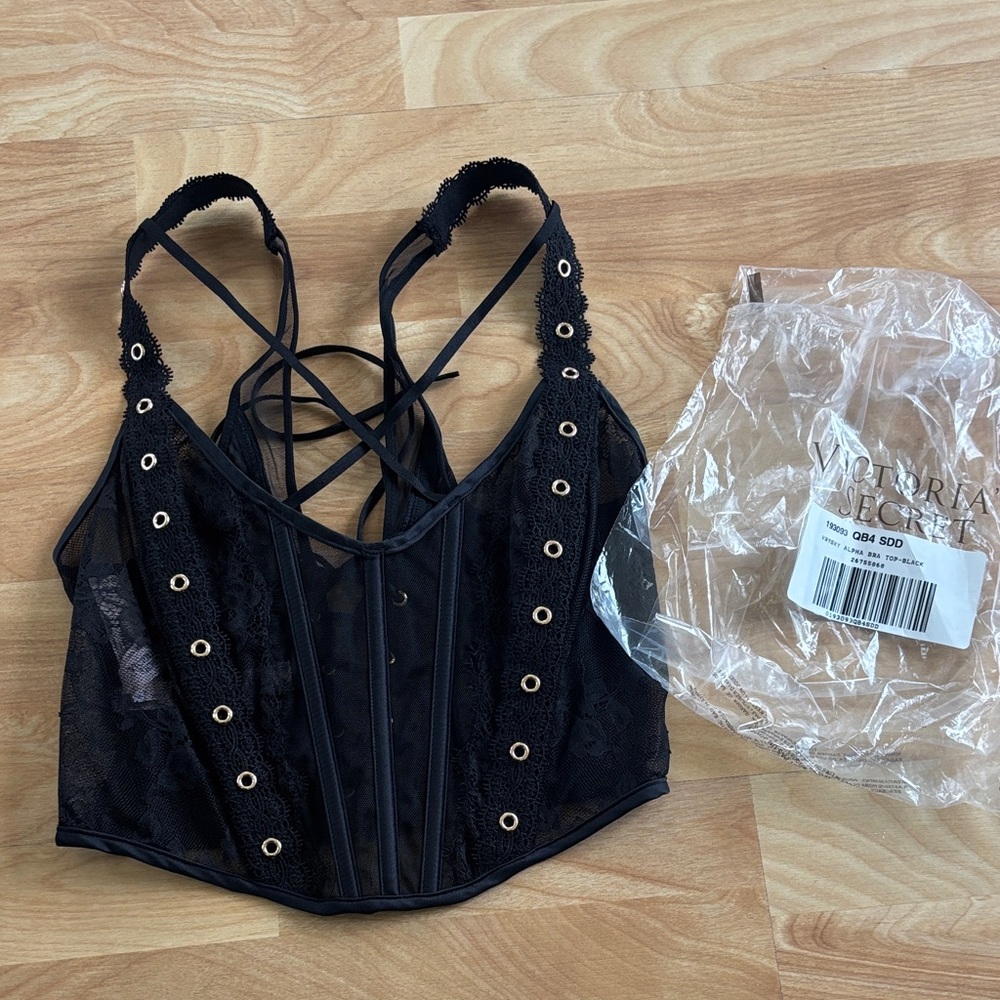 Victoria Secret Black Lace Strappy Corset Top SIZE DD